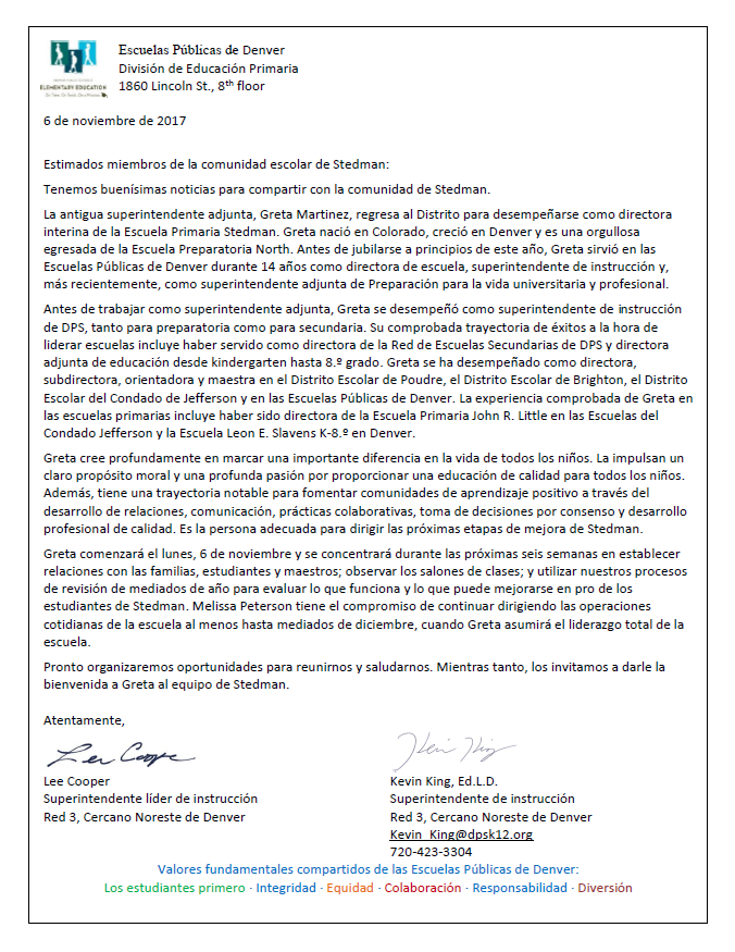 Announcement from Interim Stedman Principal in Spanish